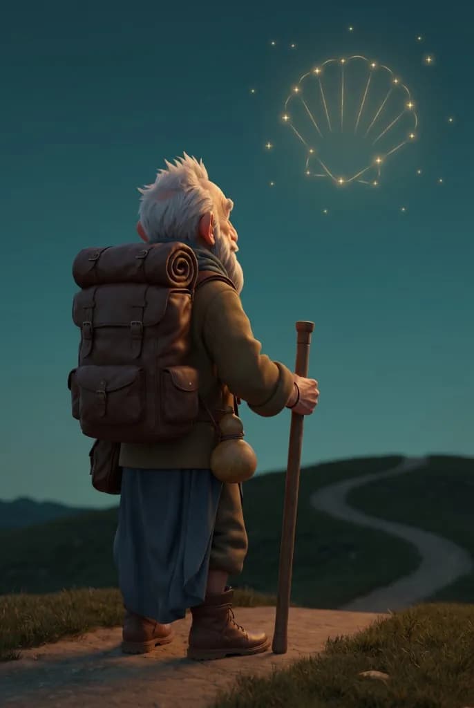 Jarbas on a hill at dusk, looking up at a golden scallop-shell constellation.