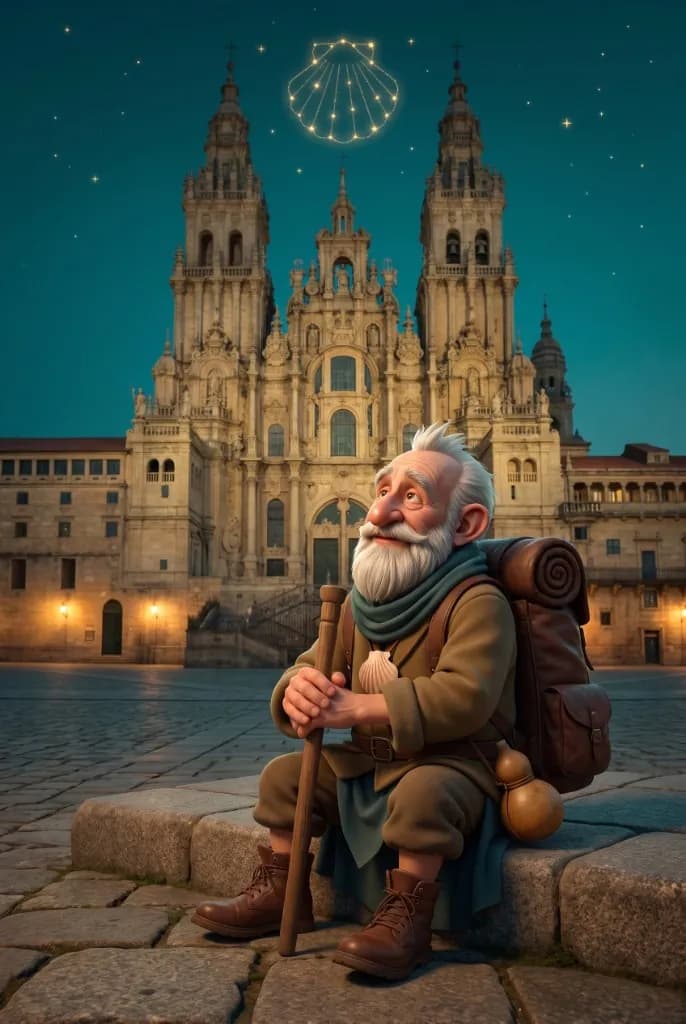 Jarbas sitting at night in Obradoiro square, the cathedral and a scallop of stars above him.