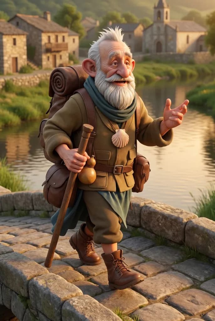 Jarbas crossing a medieval stone bridge in a riverside village, greeting a pilgrim.