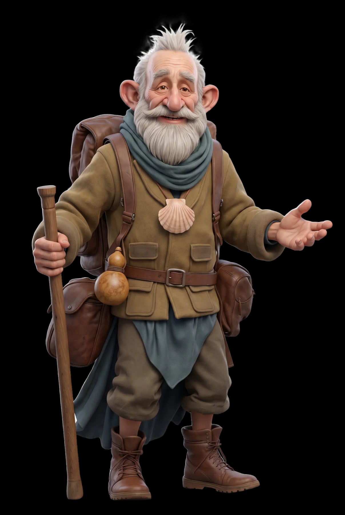 Jarbas, an old pilgrim with a white beard, staff and scallop on his chest, standing on the Way with one arm open.